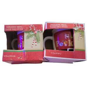 Christmas Holiday Royal Norfolk Santa Mug  No Peeking written on it. Set of 2